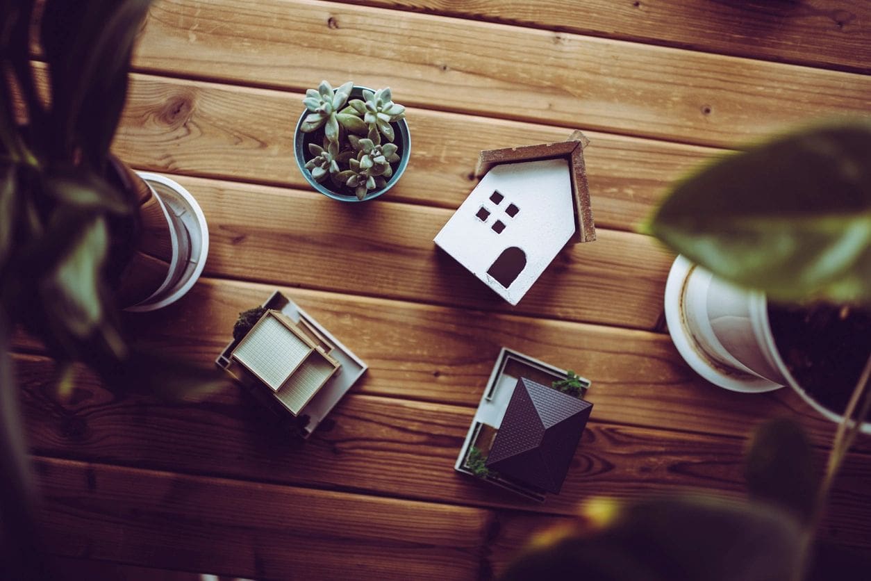 A table with some small houses and plants